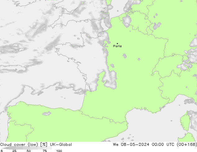 Cloud cover (low) UK-Global We 08.05.2024 00 UTC
