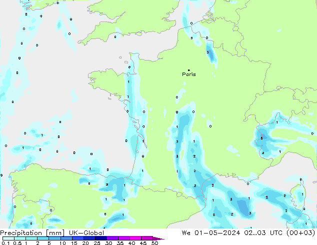 Précipitation UK-Global mer 01.05.2024 03 UTC