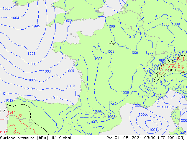 Pressione al suolo UK-Global mer 01.05.2024 03 UTC