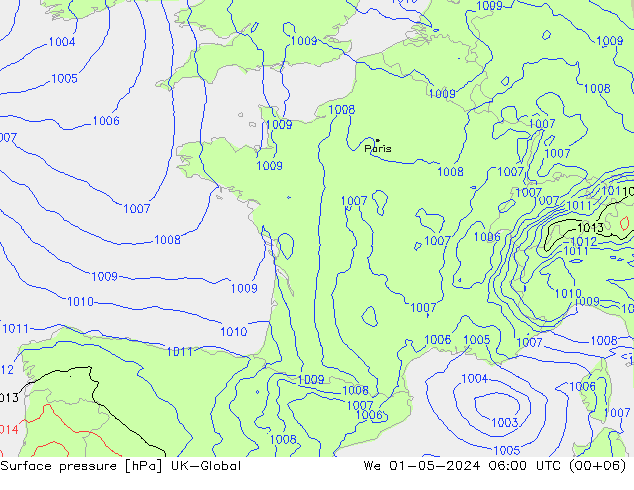 Atmosférický tlak UK-Global St 01.05.2024 06 UTC