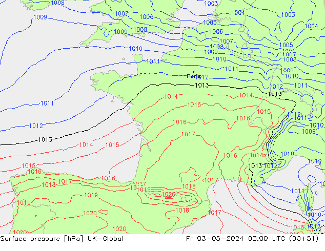 Pressione al suolo UK-Global ven 03.05.2024 03 UTC
