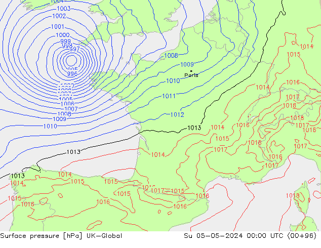 Pressione al suolo UK-Global dom 05.05.2024 00 UTC