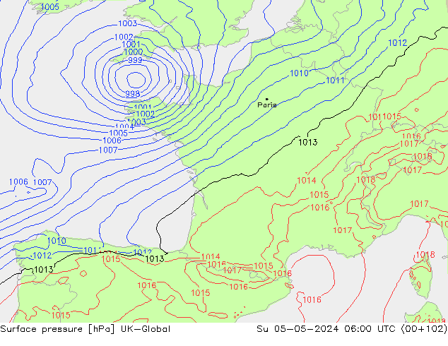 Pressione al suolo UK-Global dom 05.05.2024 06 UTC