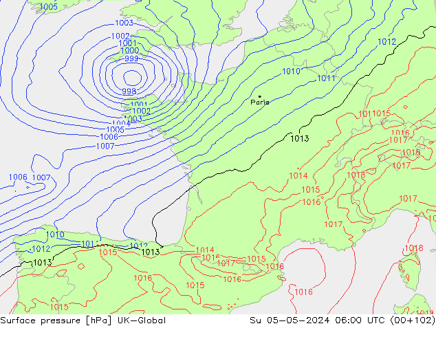 Surface pressure UK-Global Su 05.05.2024 06 UTC