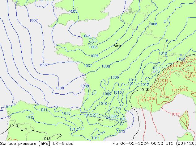 Surface pressure UK-Global Mo 06.05.2024 00 UTC