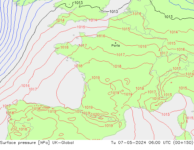 Atmosférický tlak UK-Global Út 07.05.2024 06 UTC