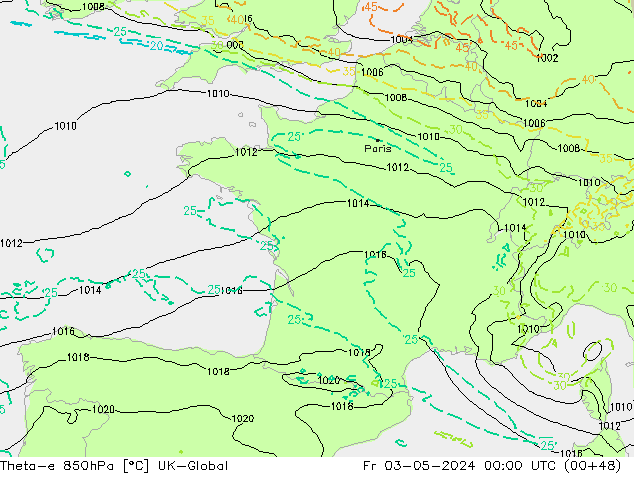 Theta-e 850hPa UK-Global Fr 03.05.2024 00 UTC