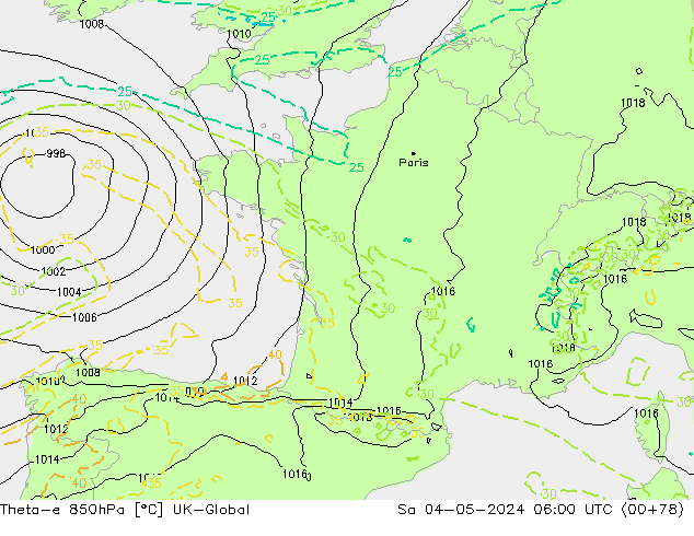 Theta-e 850hPa UK-Global Sa 04.05.2024 06 UTC