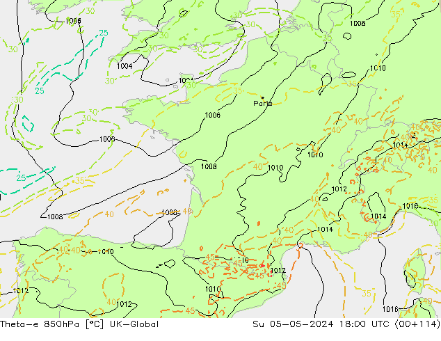 Theta-e 850hPa UK-Global dom 05.05.2024 18 UTC