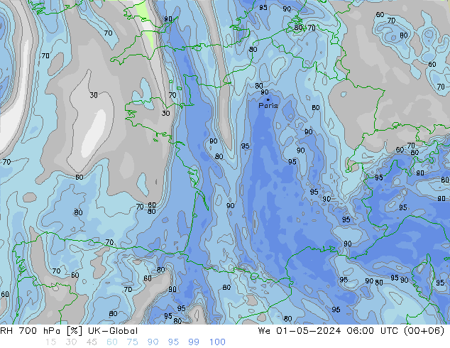 RH 700 hPa UK-Global mer 01.05.2024 06 UTC