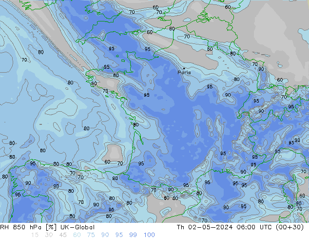 Humedad rel. 850hPa UK-Global jue 02.05.2024 06 UTC