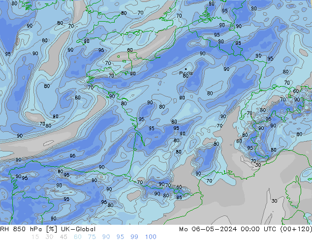 RH 850 hPa UK-Global lun 06.05.2024 00 UTC