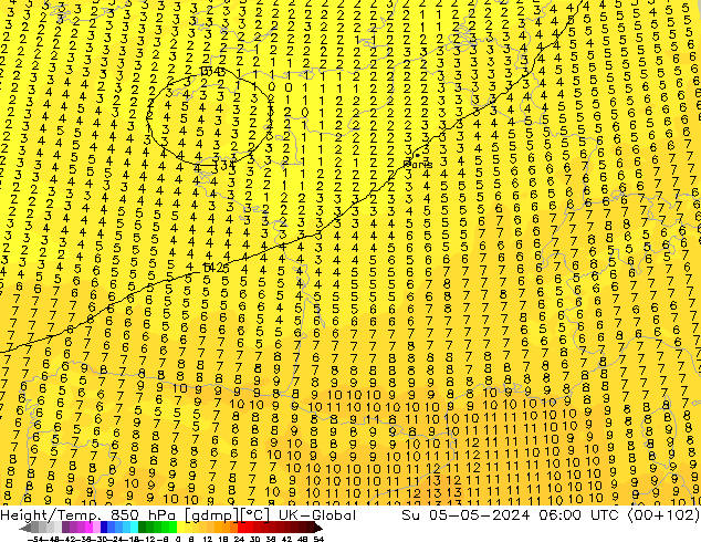 Yükseklik/Sıc. 850 hPa UK-Global Paz 05.05.2024 06 UTC