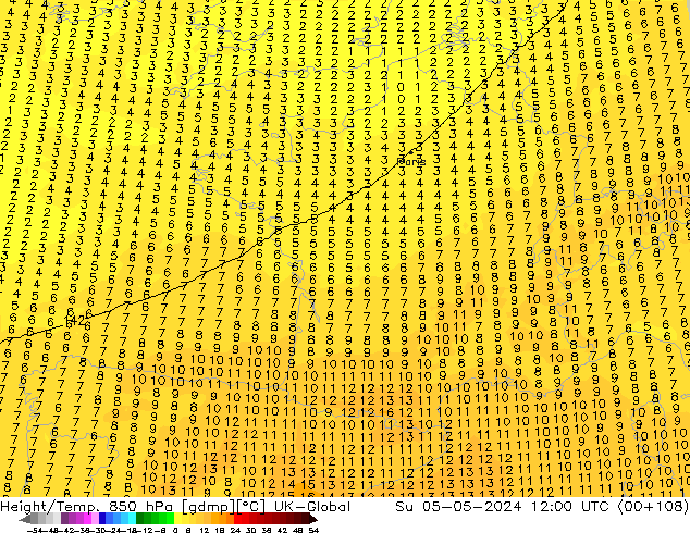 Height/Temp. 850 hPa UK-Global dom 05.05.2024 12 UTC