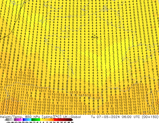 Hoogte/Temp. 850 hPa UK-Global di 07.05.2024 06 UTC