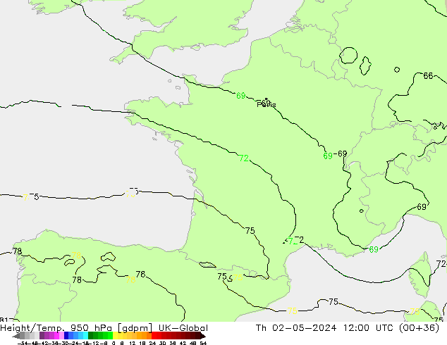 Height/Temp. 950 hPa UK-Global Čt 02.05.2024 12 UTC