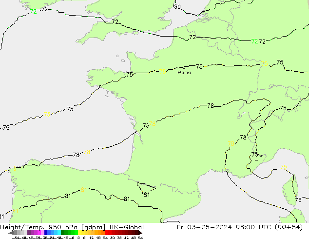 Height/Temp. 950 гПа UK-Global пт 03.05.2024 06 UTC