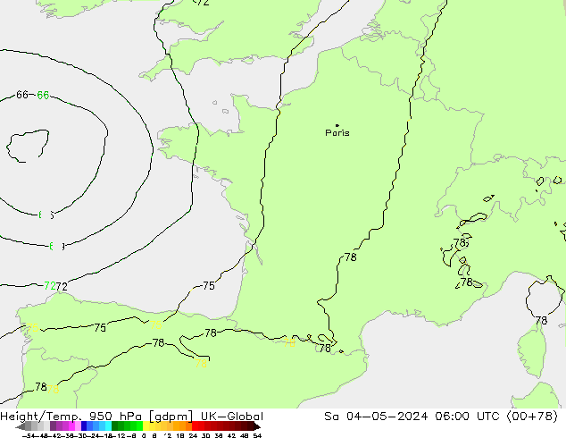 Height/Temp. 950 hPa UK-Global Sáb 04.05.2024 06 UTC