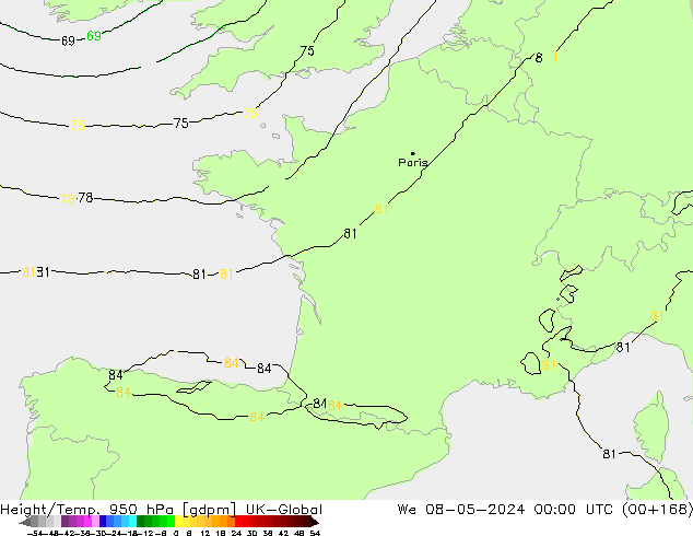 Height/Temp. 950 hPa UK-Global St 08.05.2024 00 UTC