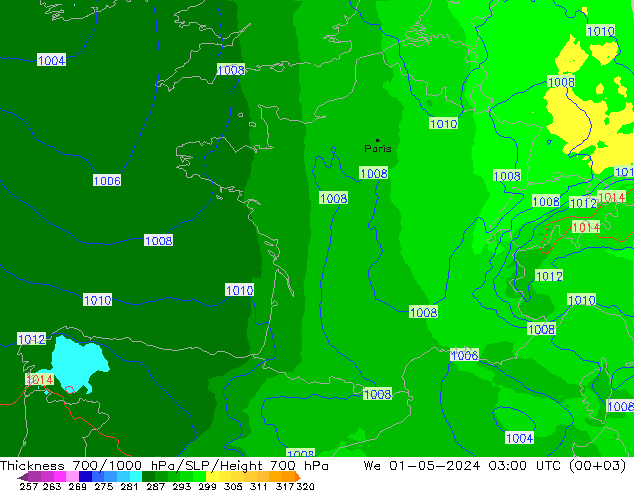 Thck 700-1000 hPa UK-Global Qua 01.05.2024 03 UTC