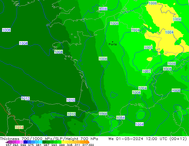 700-1000 hPa Kalınlığı UK-Global Çar 01.05.2024 12 UTC