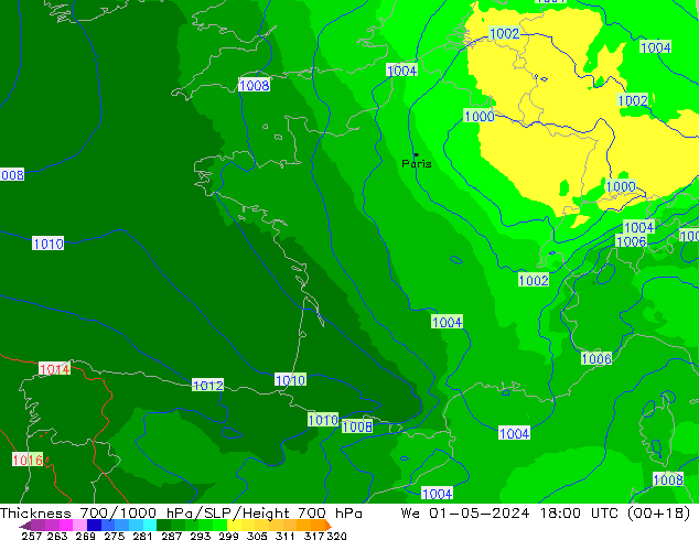 Thck 700-1000 hPa UK-Global St 01.05.2024 18 UTC