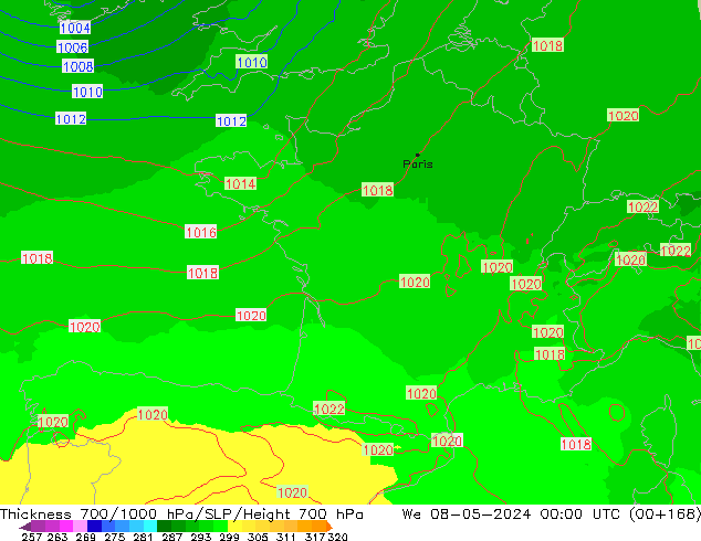 Thck 700-1000 hPa UK-Global We 08.05.2024 00 UTC