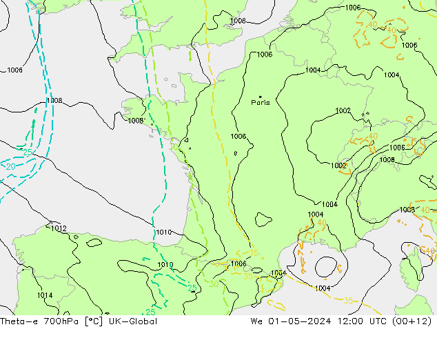 Theta-e 700hPa UK-Global St 01.05.2024 12 UTC