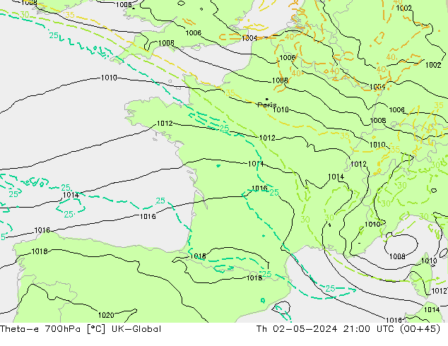 Theta-e 700hPa UK-Global Th 02.05.2024 21 UTC