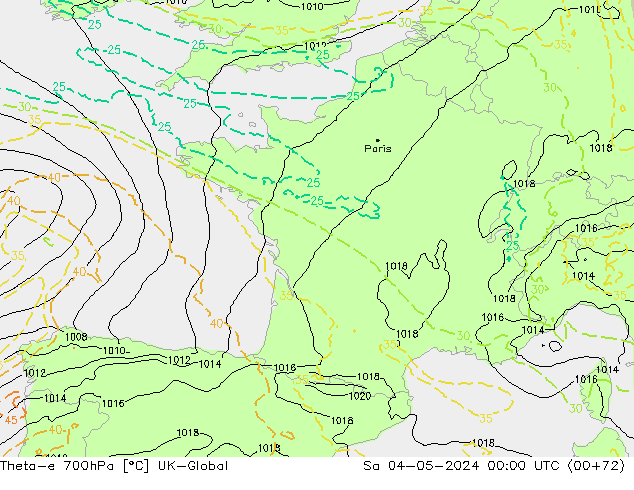 Theta-e 700hPa UK-Global so. 04.05.2024 00 UTC