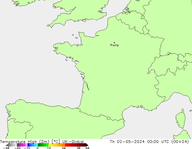 Temperature High (2m) UK-Global Th 02.05.2024 00 UTC