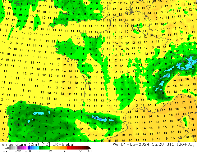 Temperature (2m) UK-Global We 01.05.2024 03 UTC