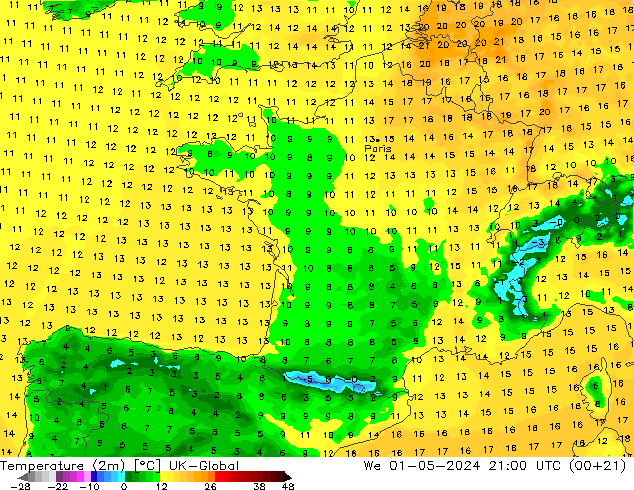 Temperaturkarte (2m) UK-Global Mi 01.05.2024 21 UTC