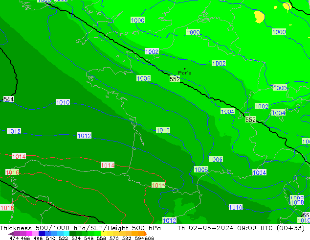 Espesor 500-1000 hPa UK-Global jue 02.05.2024 09 UTC