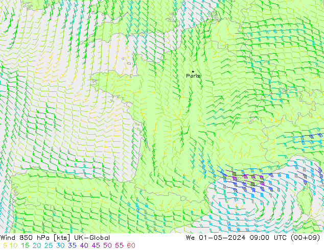 Viento 850 hPa UK-Global mié 01.05.2024 09 UTC