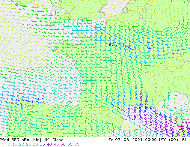 Wind 850 hPa UK-Global Fr 03.05.2024 00 UTC