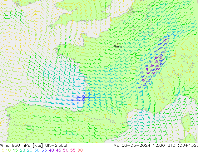 Wind 850 hPa UK-Global ma 06.05.2024 12 UTC