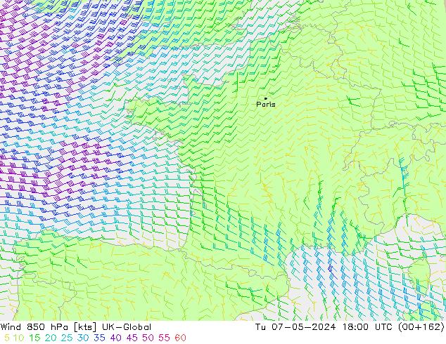 Wind 850 hPa UK-Global Tu 07.05.2024 18 UTC