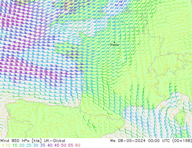 Vento 850 hPa UK-Global mer 08.05.2024 00 UTC