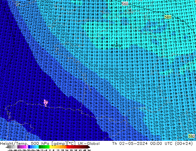 Height/Temp. 500 hPa UK-Global Th 02.05.2024 00 UTC