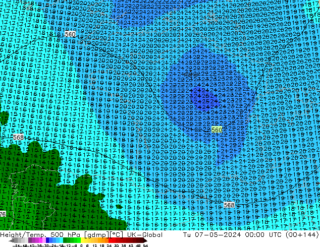 Height/Temp. 500 hPa UK-Global wto. 07.05.2024 00 UTC