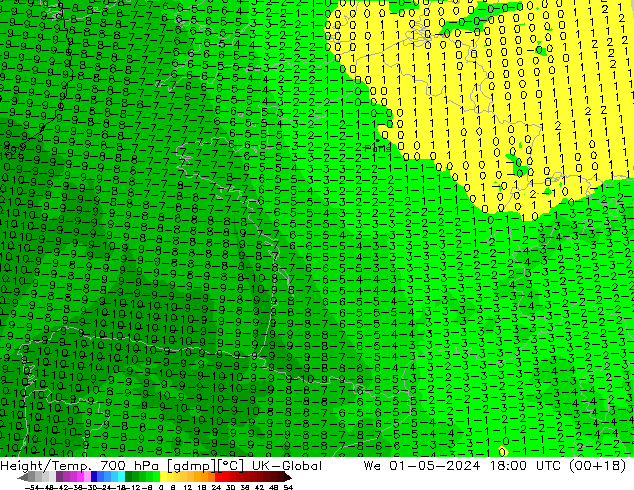 Height/Temp. 700 гПа UK-Global ср 01.05.2024 18 UTC