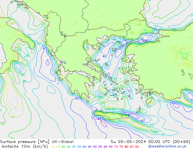 Izotacha (km/godz) UK-Global nie. 05.05.2024 00 UTC