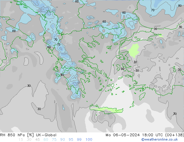 Humedad rel. 850hPa UK-Global lun 06.05.2024 18 UTC