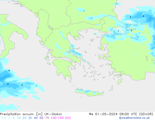 Precipitation accum. UK-Global śro. 01.05.2024 06 UTC