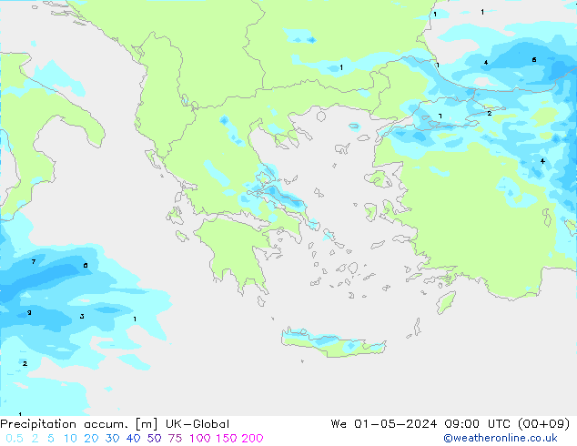 Totale neerslag UK-Global wo 01.05.2024 09 UTC