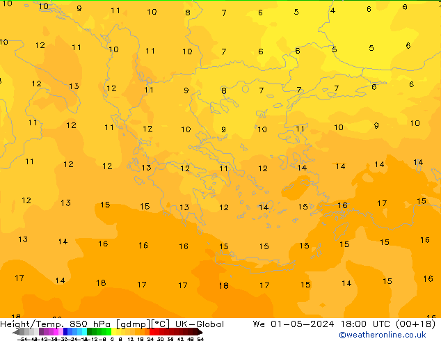 Géop./Temp. 850 hPa UK-Global mer 01.05.2024 18 UTC