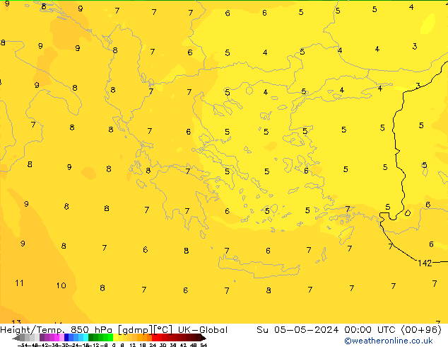 Height/Temp. 850 гПа UK-Global Вс 05.05.2024 00 UTC