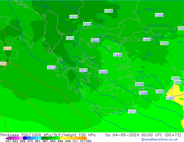Thck 700-1000 hPa UK-Global sab 04.05.2024 00 UTC