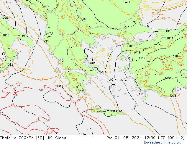 Theta-e 700hPa UK-Global Qua 01.05.2024 12 UTC